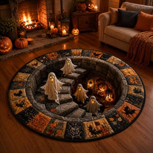 Halloween 3D Optical Illusion Haunted Staircase Round Rug with Ghost Skeleton Pumpkin, 47.2x47.2in - Variation A