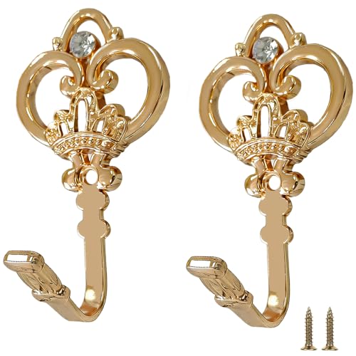Gold Crown Curtain Holdbacks 2 Pack - Heavy Duty Metal Wall Hooks for Drapes, Coats, Hats & Towels, Rustic Decor