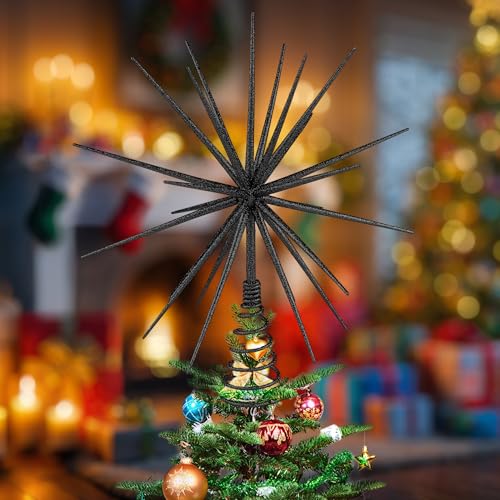 Black Christmas Starburst Tree Topper 13.8 Inch Glittered Burst Decoration