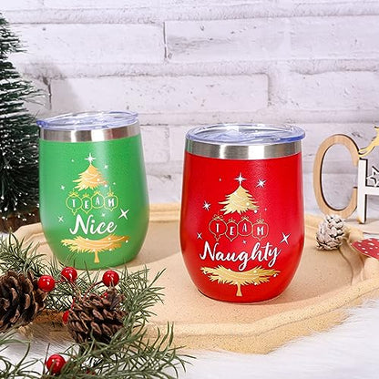 Christmas Stainless Steel Wine Tumblers Set with Lid & Straw - Naughty & Nice Team Cups, 12oz
