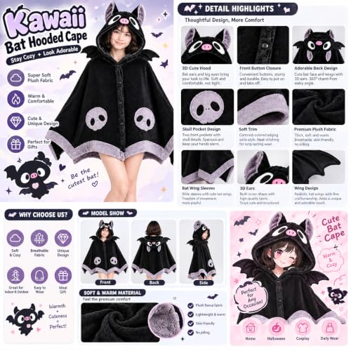Black Wearable Bat Blanket Hoodie - Cosplay Halloween Costume & Cozy Loungewear