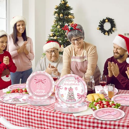 Pink Christmas Party Tableware Set - 96 Pieces for 24 Guests - Bow Plates & Napkins