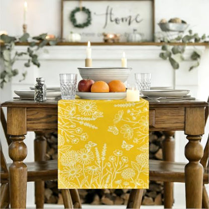 Yellow Flowers Butterfly Spring Table Runner - Wildflower Pattern, 13x72 Inches
