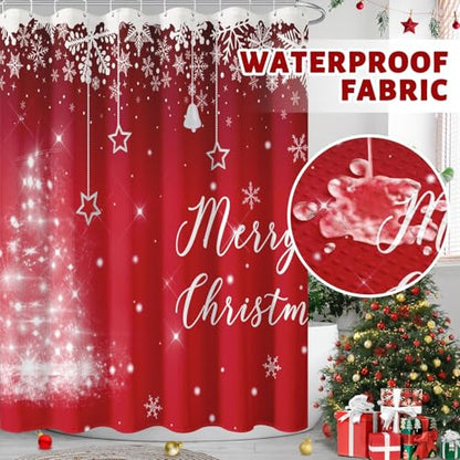 Christmas Red Shower Curtain Set with Window Curtains - 72x72 Inches