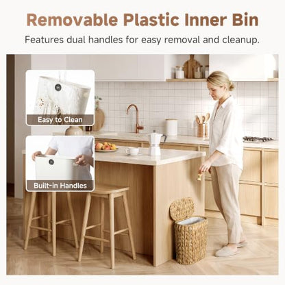 Natural Water Hyacinth Bathroom Trash Can with Removable Liner - Oval, 13 ¾"L x 6 ¼"W x 13 ¼"H