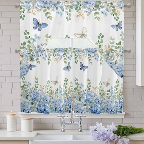 Blue Hydrangea Swag Kitchen Curtain Set - 3 Piece Blue Floral Window Valance and Tier, 27.5" x 24", Variation of THIS listing