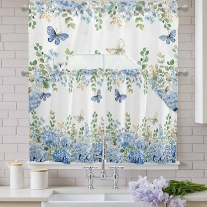 Blue Hydrangea Swag Kitchen Curtain Set - 3 Piece Blue Floral Window Valance and Tier, 27.5" x 24", Variation of THIS listing