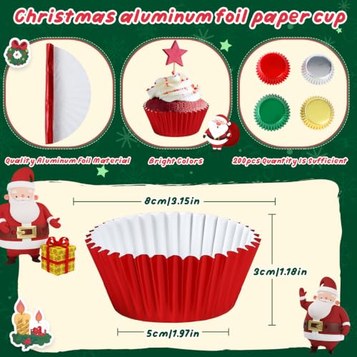 Christmas Cupcake Liners 200 Pack - Red Green Gold Silver Foil Baking Cups for Holiday Baking