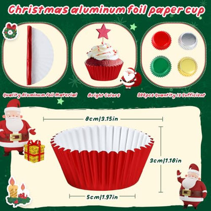 Christmas Cupcake Liners 200 Pack - Red Green Gold Silver Foil Baking Cups for Holiday Baking