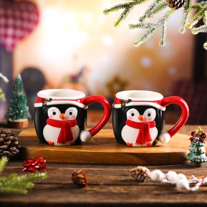 4 Pcs Christmas Penguin Ceramic Mug Set - 11 oz Holiday Drinkware - Variation of 4