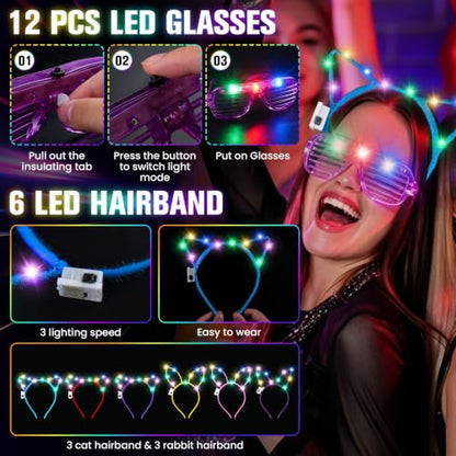 370 PCS Glow in the Dark Party Supplies Set with LED Glasses & Accessories - Pack of 1