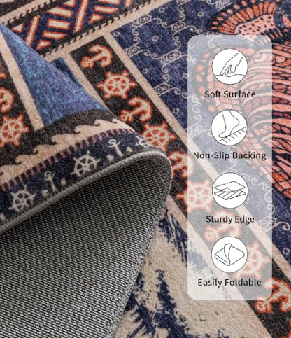 Vintage Nautical Area Rug 2x6 Washable Non-Slip Coastal Runner