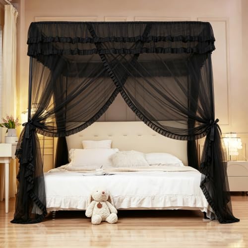 Black Queen Bed Canopy with Mosquito Netting - 4 Corners Post Drapes for Bedroom Decor