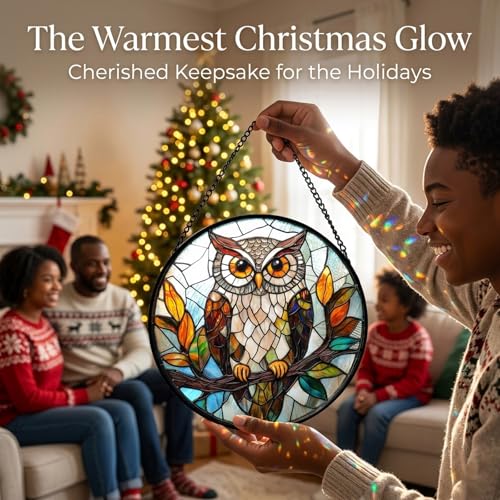 Owl on Branch Sun Catcher Indoor Window Decor 6.3 Inch Brown & Orange