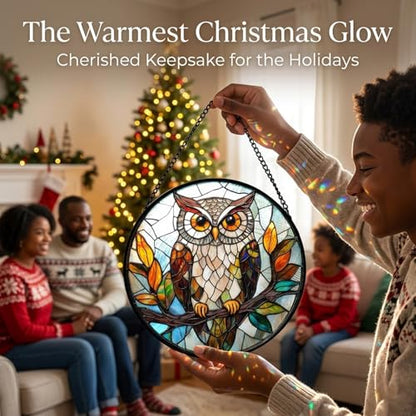 Owl on Branch Sun Catcher Indoor Window Decor 6.3 Inch Brown & Orange