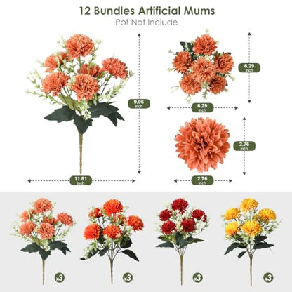 Artificial Fall Mums Flowers for Outdoors - 12 Bundles, UV Resistant, Realistic Faux Chrysanthemums - Multi Variation
