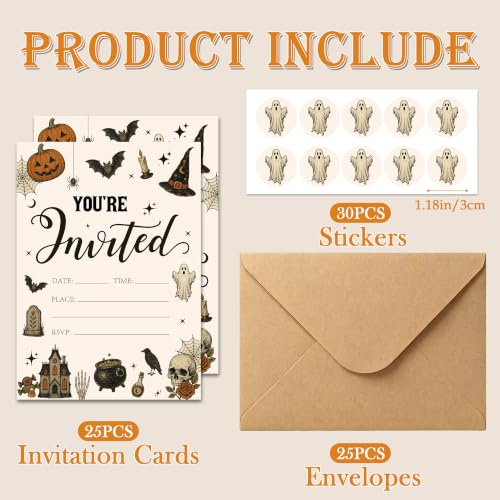 Halloween Invitations Set - Vintage Spooky Party Cards with Envelopes & Stickers, 25 Pack