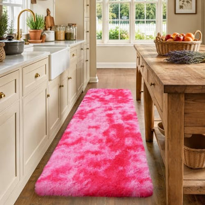 Tie-Dyed Hot Pink Runner Rug 2x6 ft Plush Shag Floor Mat for Hallway