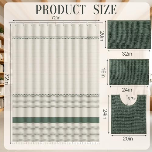 Sage Green Bathroom Set with Shower Curtain and Rugs - Farmhouse Boho Decor