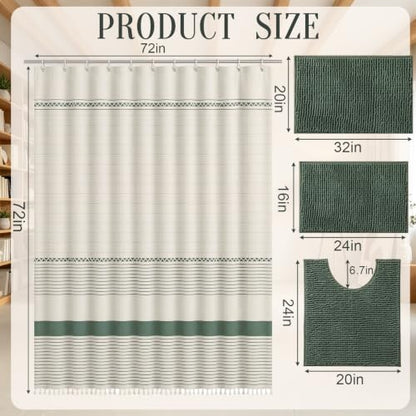 Sage Green Bathroom Set with Shower Curtain and Rugs - Farmhouse Boho Decor