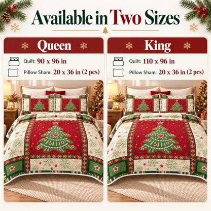 Christmas Quilt Set Queen - Red 3-Piece Tree Bedspread & Pillow Shams - Seasonal Bedding