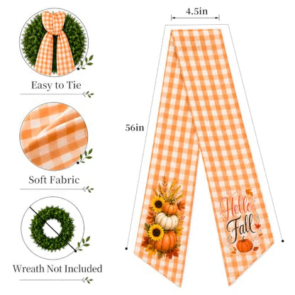 Fall Wreath Sash for Front Door - Orange and White Plaid Satin Decor - Variation of THIS listing