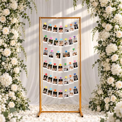 60 Inch Metal Photo Display Board with 30 Wooden Clips - Rustic Gallery Wall