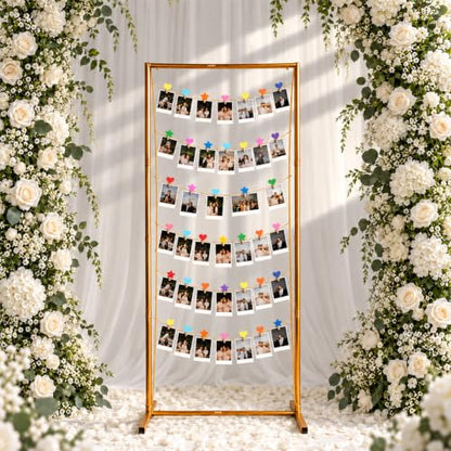 60 Inch Metal Photo Display Board with 30 Wooden Clips - Rustic Gallery Wall