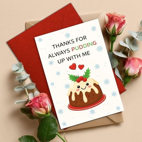 Thanks For Pudding Up With Me Card Xmas18 Funny Food Pun Holiday Card