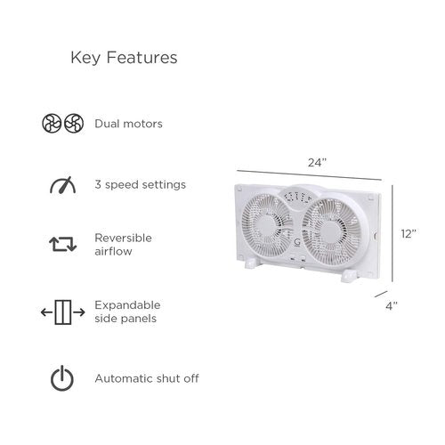 Genesis Twin Fan High Velocity Reversible AirFlow Fan, LED Indicator Lights Adjustable Thermostat & Max Cool Technology, ETL Certified, White (A1WINDOWFAN)