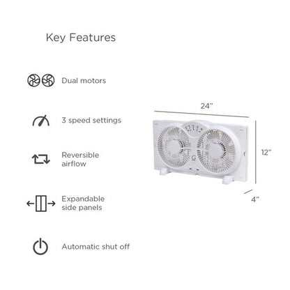 Genesis Twin Fan High Velocity Reversible AirFlow Fan, LED Indicator Lights Adjustable Thermostat & Max Cool Technology, ETL Certified, White (A1WINDOWFAN)