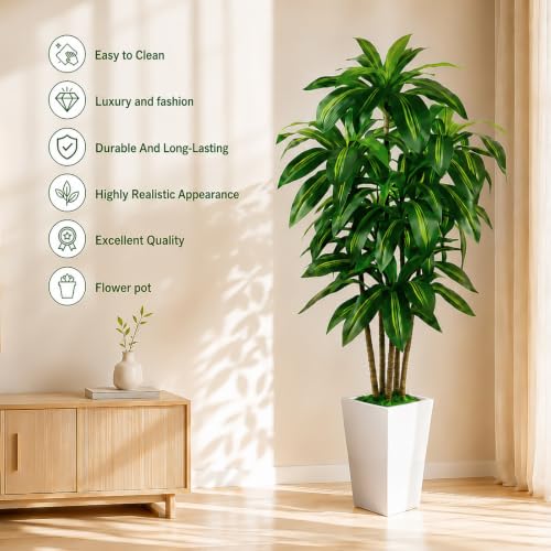 Artificial Dracaena Tree Indoor 5FT with Tall Planter - Realistic Faux Plant