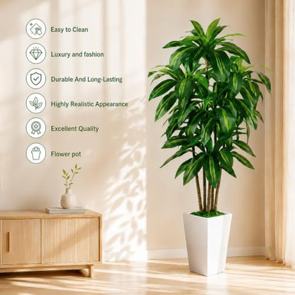 Artificial Dracaena Tree Indoor 5FT with Tall Planter - Realistic Faux Plant