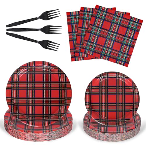 Whaline Christmas Plaid Disposable Tableware Set for 24 Guests - Red Gingham Party Supplies
