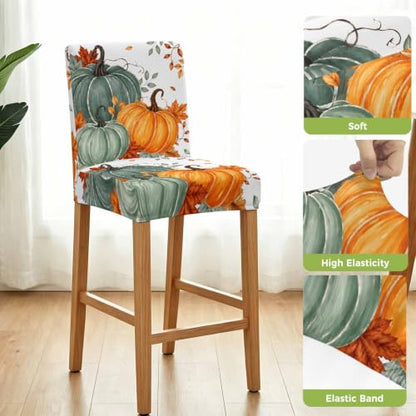 White Green Orange Fall Bar Stool Covers Set of 4 with Back, Thanksgiving Pumpkin Decor