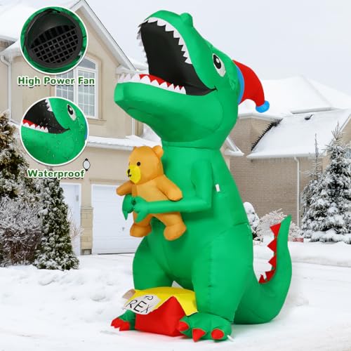Christmas Dinosaur Inflatable Yard Decoration with LEDs, T Rex Holding Bear & Xmas Hat