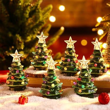 Mini Ceramic Christmas Tree Set - Prelit Green with Star, 4 Inches, 6 Pack