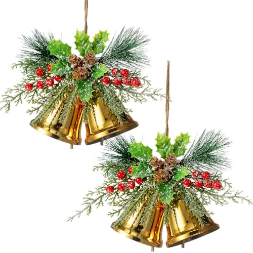 Christmas Bell Hanging Ornaments Set - Gold Rustic Metal Decor with Berries, 8.7" - 2 Pieces