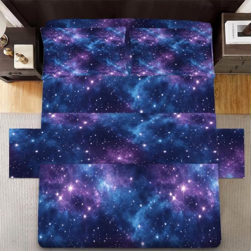 Galaxy Starry Sky Bed Sheet Set Queen - Purple Blue Nebula Bedding