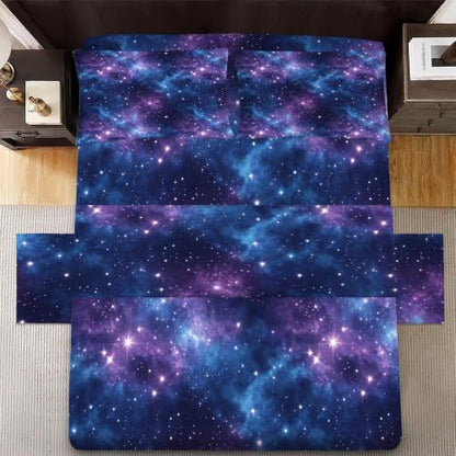 Galaxy Starry Sky Bed Sheet Set Queen - Purple Blue Nebula Bedding