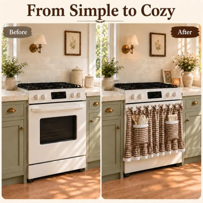 Farmhouse Tie Top Oven Skirt Curtain with Pockets - Brown