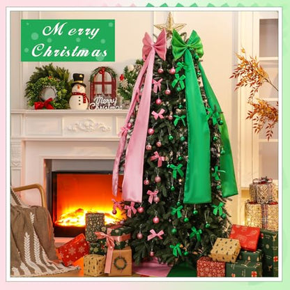 Pink and Green Christmas Tree Decorations Set with Skirt, Bows & Ornaments
