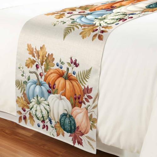 Fall Pumpkin Bed Runner for King Size Bed - 94x20 Inches, Orange, Beige, Green, Farmhouse Decor
