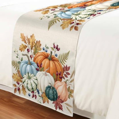 Fall Pumpkin Bed Runner for King Size Bed - 94x20 Inches, Orange, Beige, Green, Farmhouse Decor