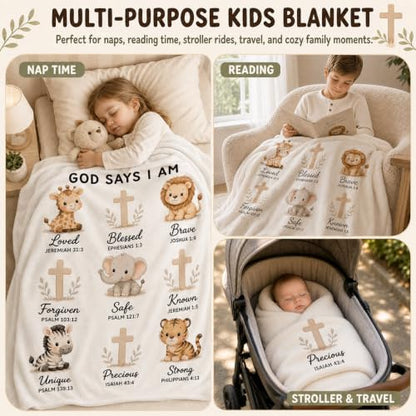 God Says I Am Safari Animal Kids Blanket 40x50 Inches - Christian Nursery Gift - Variation of God Says 01