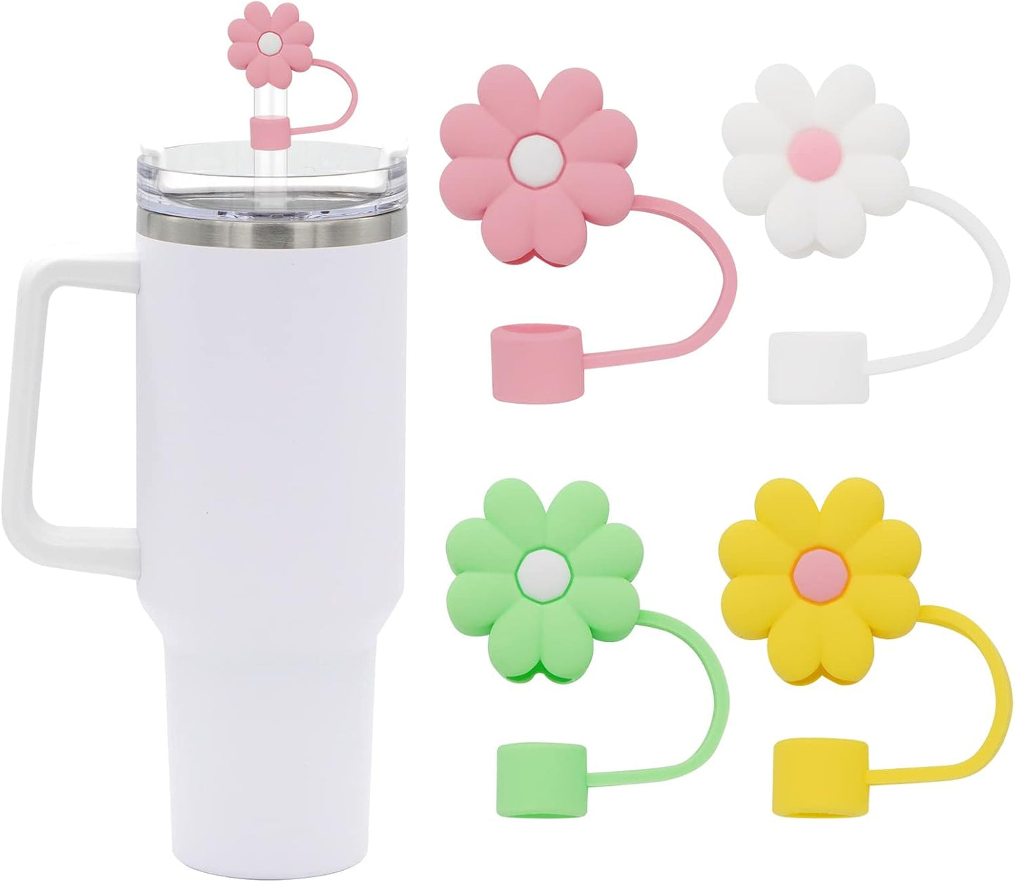 Skiennix Silicone Straw Covers - Cute 0.4in Diameter Dust-Proof Caps for Stanley Cup | 4 Pcs Flower Design