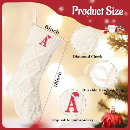 Christmas Stockings with Initials - 18 Inch Knit Monogram Letter Xmas Stocking - White / Letter A