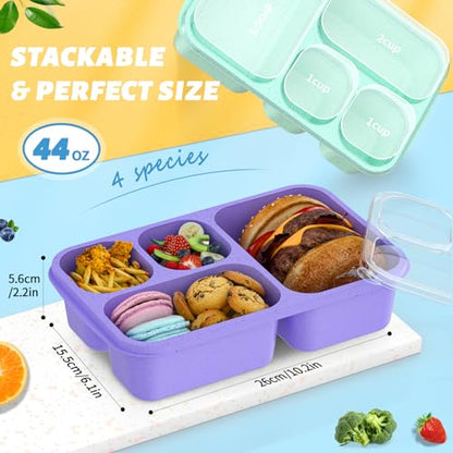 Bento Box for Adults and Snack Containers Set of 4 - Stackable, with 4 Compartments, Microwave & Dishwasher Safe, BPA Free - Reusable Meal Prep Containers for Kids and Adults (4 Colors)