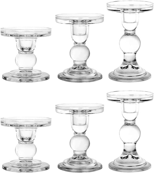 Skiennix 6-Piece Glass Candlestick Set - Elegant Crystal Candle Holders for Weddings & Decor | Clear