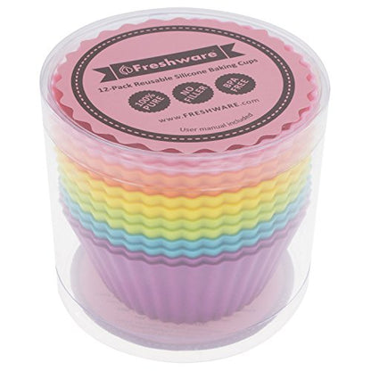 Freshware Silicone Baking Cups [12-Pack] Reusable Cupcake Liners Non-Stick Muffin Cups Cake Molds Cupcake Holder in 6 Rainbow Colors, Large Round